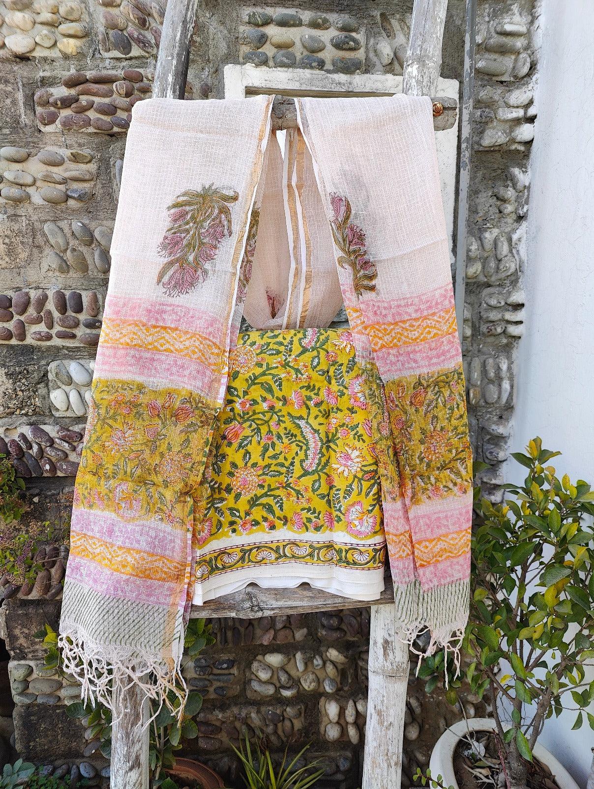 YELLOW BLOCK PRINT COTTON SUIT SET. - Weave Sutra