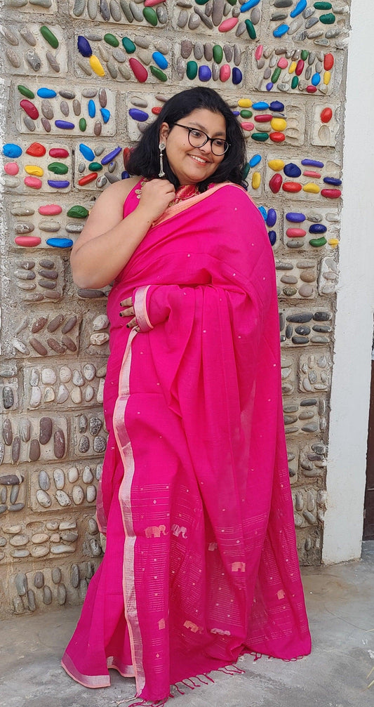 Khadi cotton handwoven Jamdani saree in hot pink 
