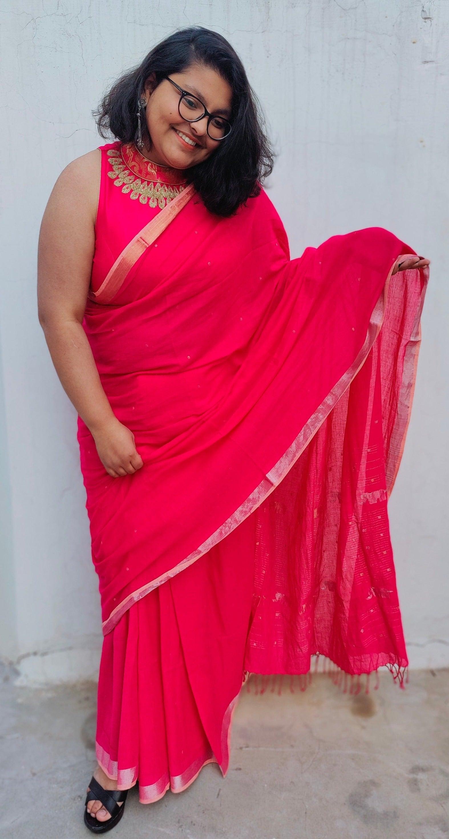 Hot pink Jamdani Cotton saree
