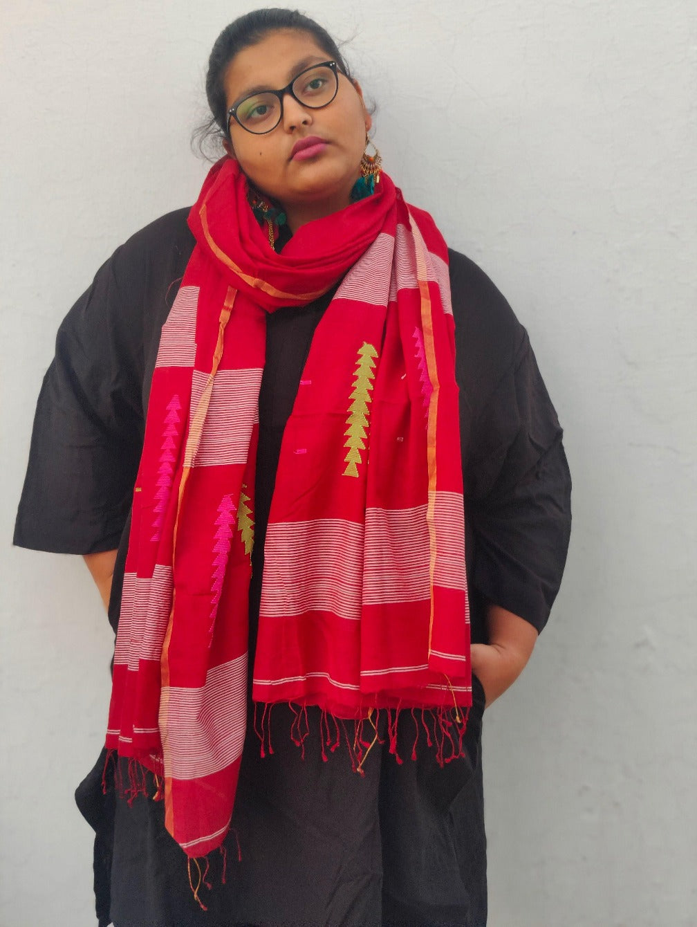 Red Embellished Silk Dupatta