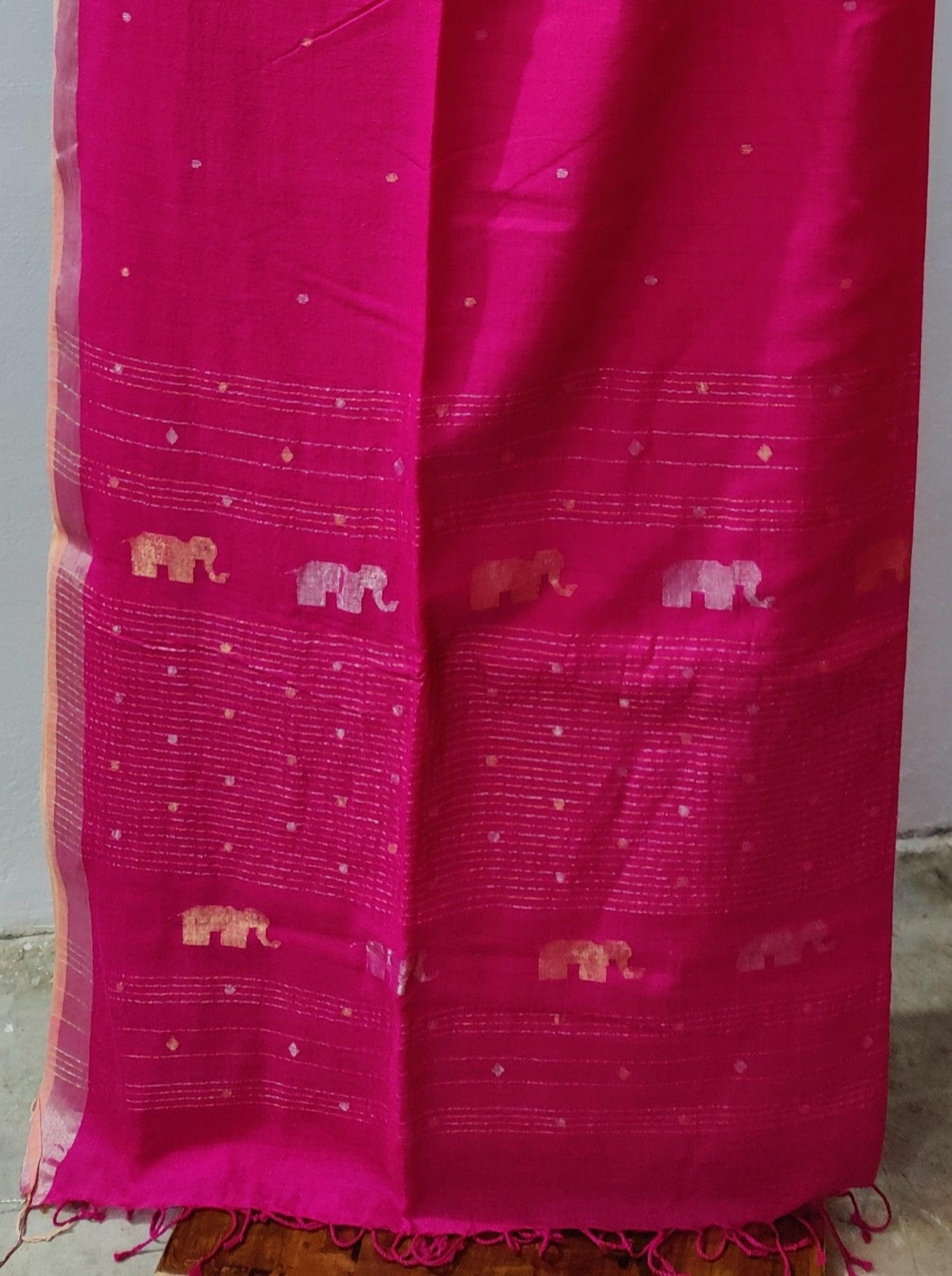 Hot pink Jamndani motif Khadi Cotton Saree 