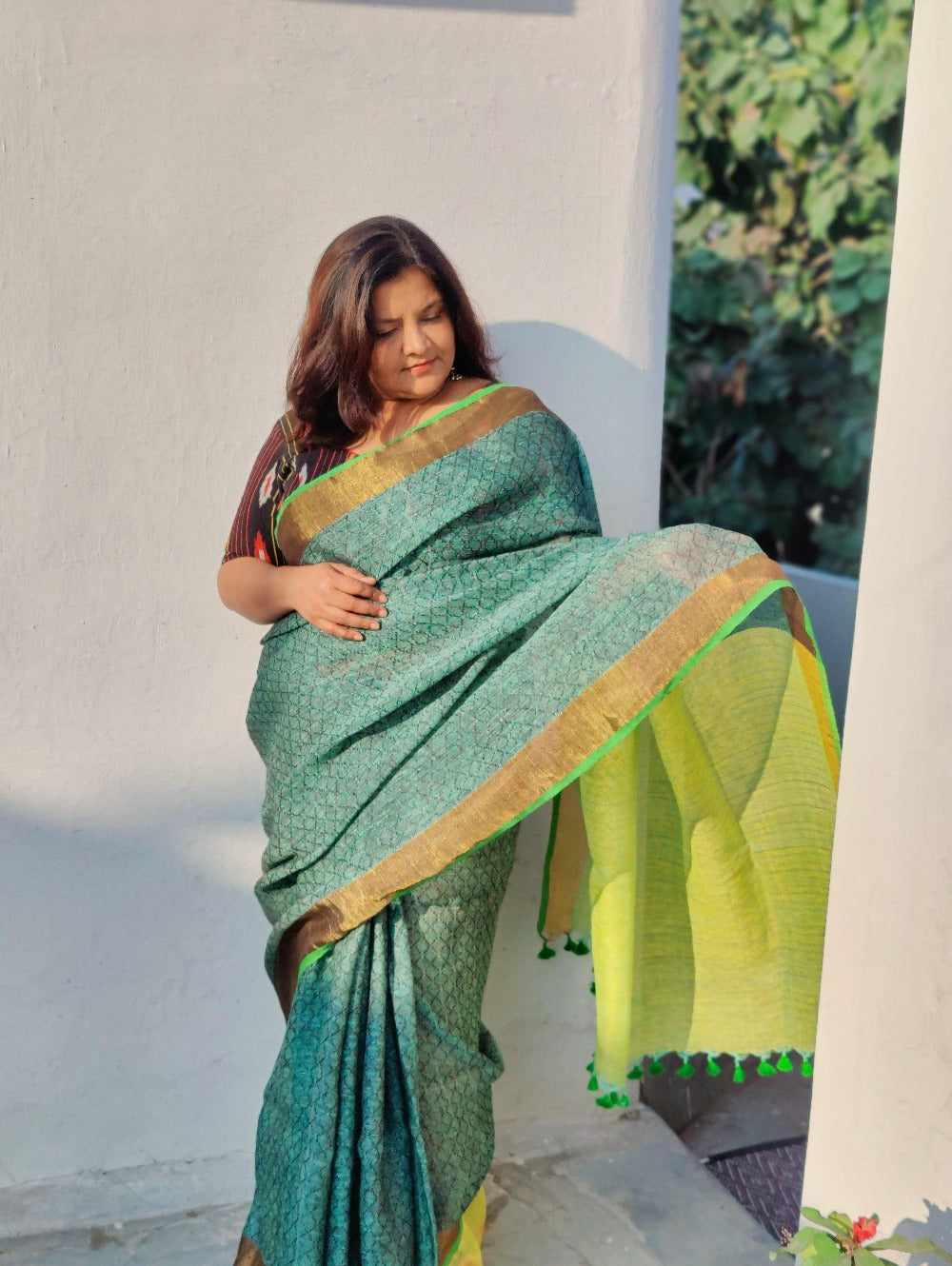 Linen tissue handloom saree in green