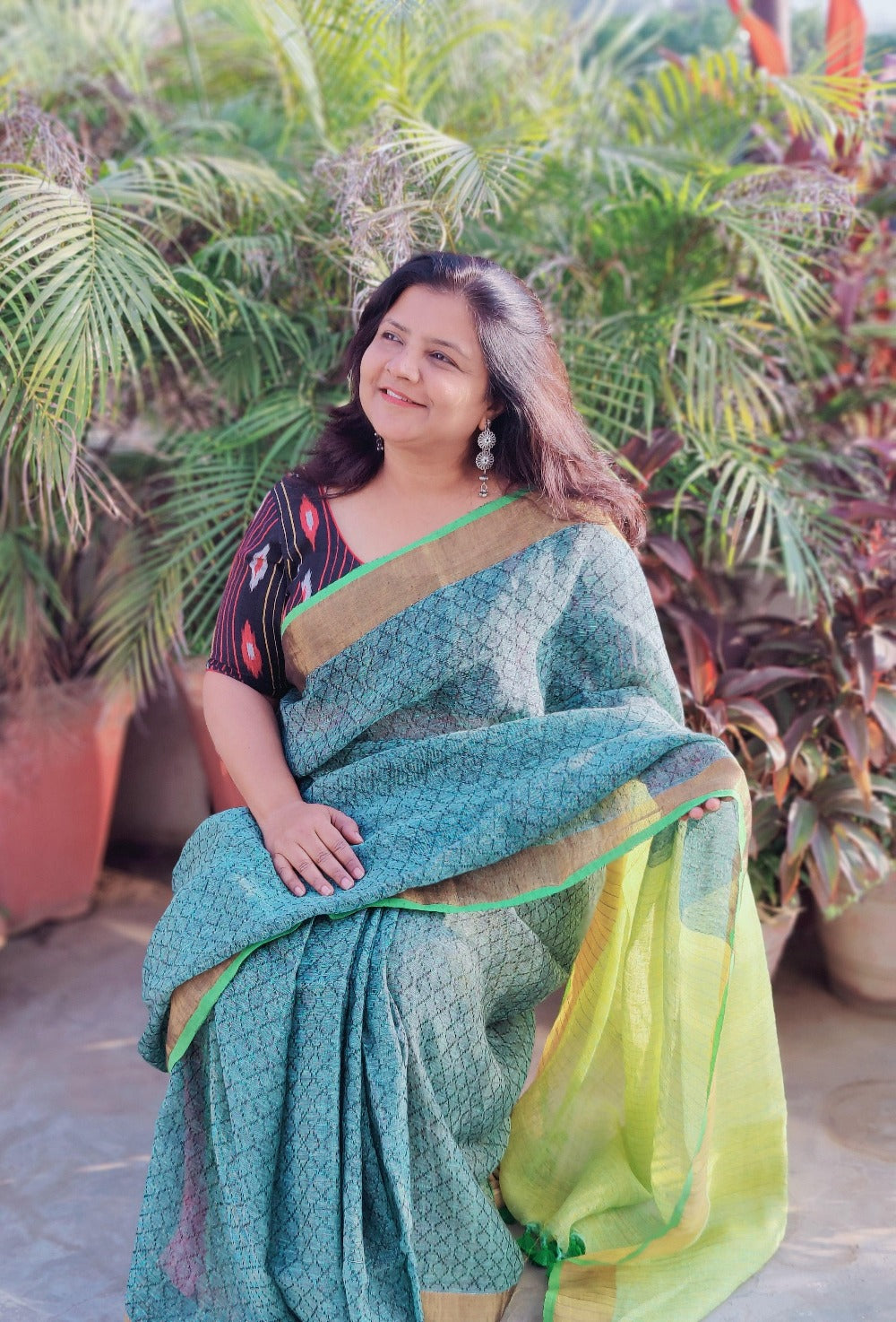 Green tissue linen saree 