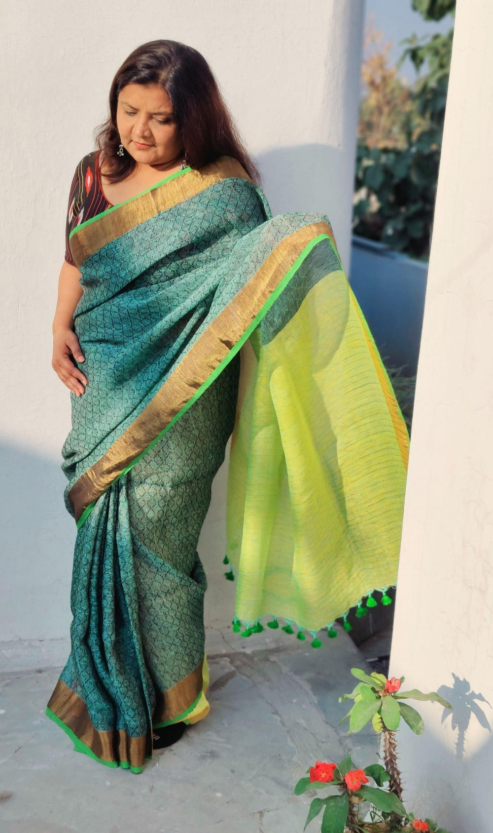 Green tissue linen handloom saree