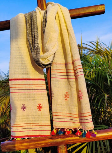 Cream and Red Bhujori Stole - Weave Sutra