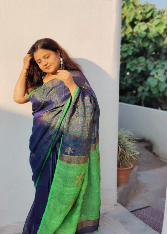Tissue linen saree in blue and green 